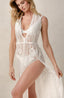 Swimsuit coverups with lace fabric and leg slit.