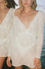 Floral swim cover-up with lace fabric and v-neck.
